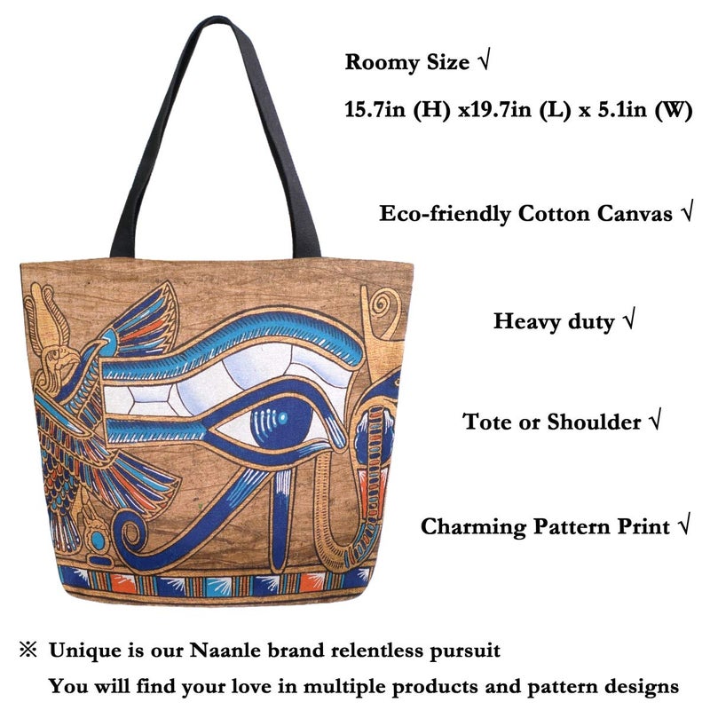 Naanle Egypt Canvas Tote Bag Large Women Casual Shoulder Bag Handbag, Egyptian Horus Eye Reusable Multipurpose Heavy Duty Shopping Grocery Cotton Bag for Outdoors. - Image 2